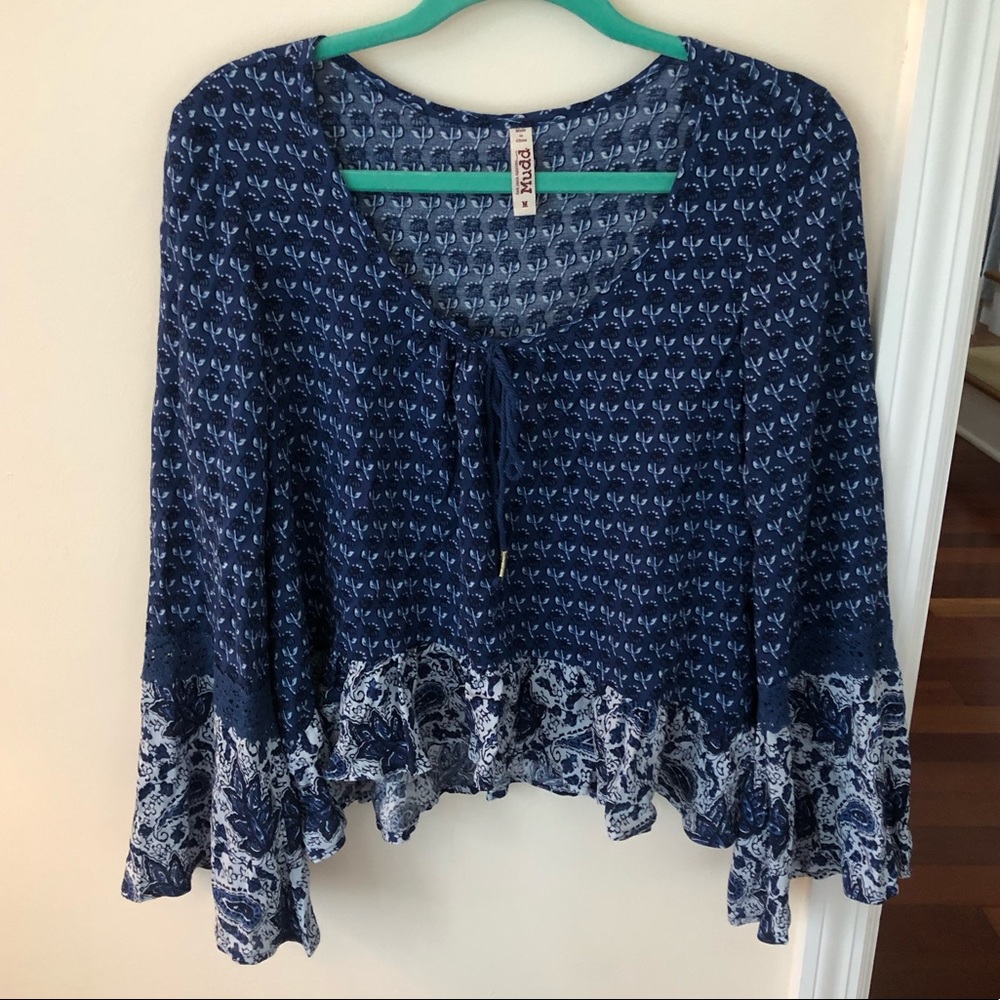 Blue Floral Bell Long Sleeve Peplum Top with Tie Front and Lace Detail | Mudd